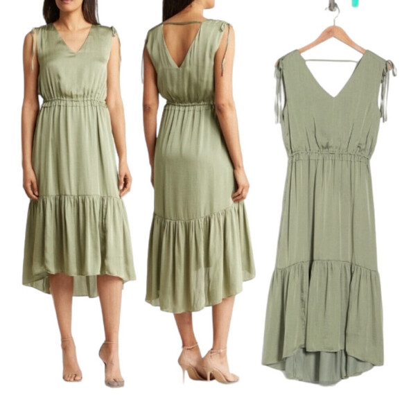 T Tahari Green Airflow Tiered High-Low Dress - Size Large